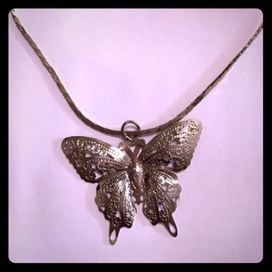 Silver-tone Filigree Butterfly Pendant With Chain